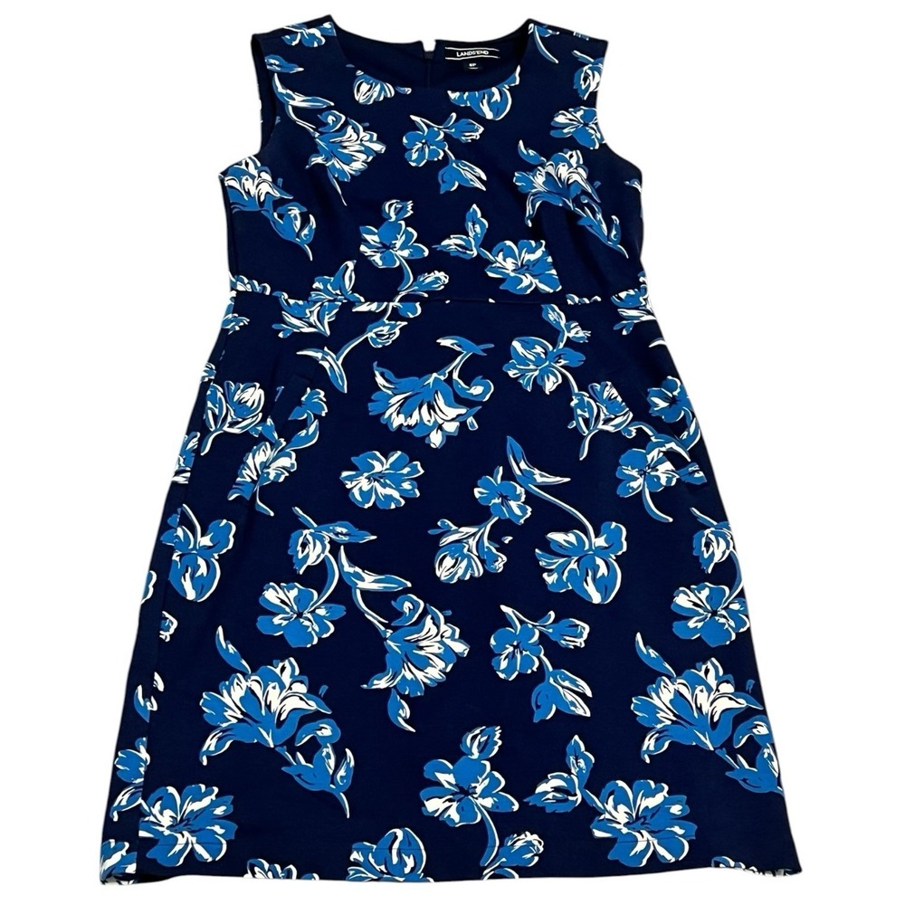 Lands' End 6P Floral Sheath Dress Navy Blue Sleeveless Preppy Office Career